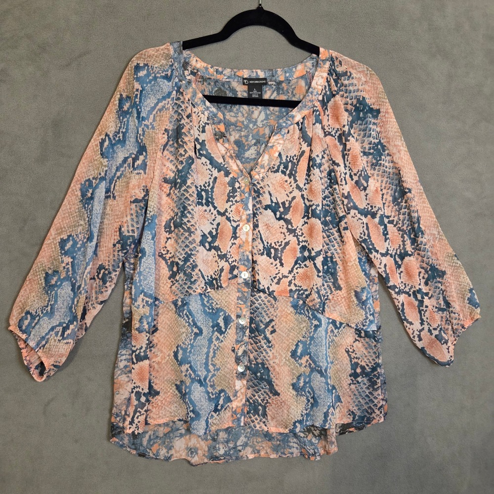 New Directions Snakeskin Blouse Women's Size Large Sheer Casual Office Artsy